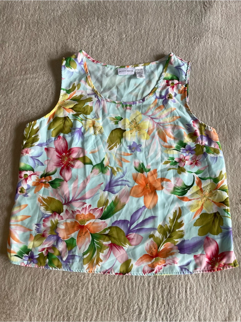 Jaclyn Smith Women’s XL Floral Blouse Aqua Multicolor Sleeveless Lined Tank